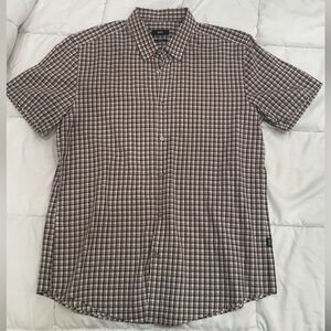 Hugo Boss Slim Fit Short Sleeve Brown-Cream Plaid Button-Down Shirt | Men’s XL